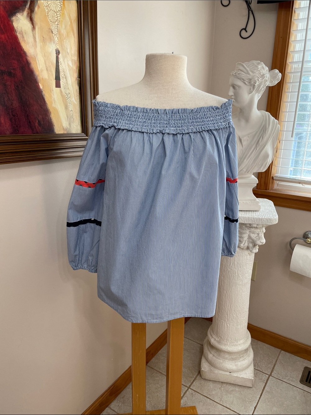 Crown & Ivy Off Shoulder Nautical Striped Lace In Sleeves Top L NWT